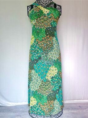 Vintage 90s SilverGate Paisley Maxi Dress Green Boho Festival USA Stretch